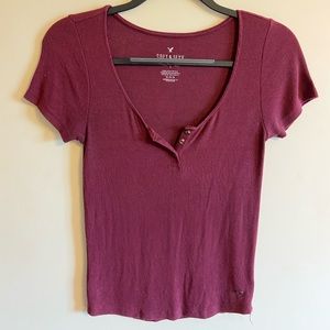 Maroon, fitted top.